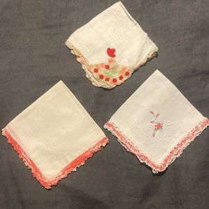3 Hand Embroidered and Crocheted Vintage Hankerchiefs EUC
